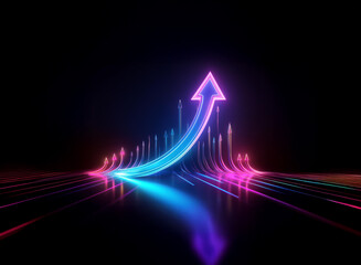 Aufkleber - A vibrant, upward-trending neon arrow soars against a dark background, surrounded by smaller, mirrored arrows, suggesting growth and progress.  The reflective surface enhances the dynamic energy.