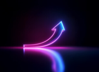 Poster - A vibrant, upward-curving neon arrow glows in the dark, its reflection mirrored on a sleek surface.  The arrow symbolizes growth and progress.