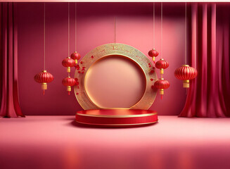Poster - Elegant red and gold podium with hanging lanterns and ornate circular backdrop.  Perfect for festive displays and product showcases.