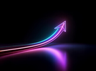 Poster - A vibrant, upward-curving neon arrow glows against a dark background, symbolizing growth and progress.  Its reflection adds depth to the scene.