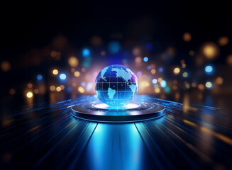 Poster - A glowing digital Earth hovers on a futuristic platform, surrounded by vibrant, blurred lights, suggesting global connectivity and technological advancement.