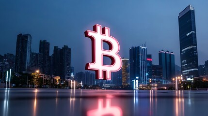 Poster - Glowing Bitcoin symbol in city at night.