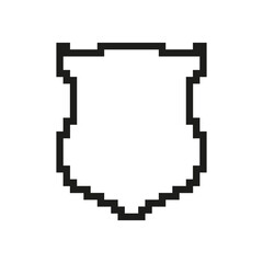 Poster - Pixelated Shield Outline Icon. Security and Protection Symbol in Pixel Art Style. Isolated Vector Illustration