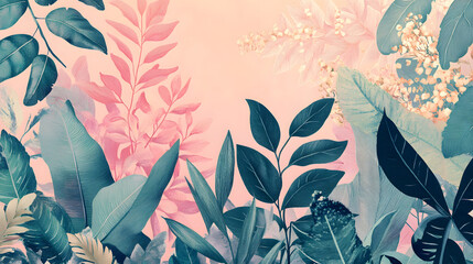 Wall Mural - Floral Botanical Background with Soft Pastel Colors and Leaves for Creative Designs