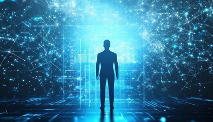 Poster - Businessman Facing Futuristic Data Network Visualization