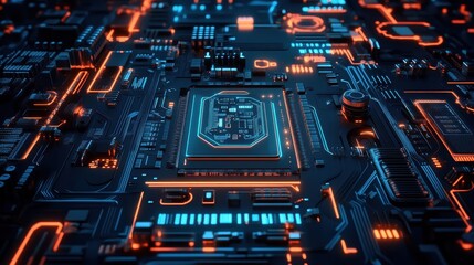 Poster - Futuristic Circuit Board with Glowing Components