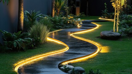 Wall Mural - A serene garden path lit with warm lights, accentuating the symmetry and flow of modern landscape design