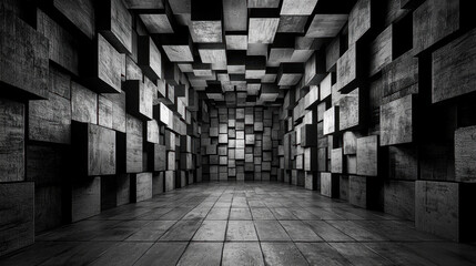 Wall Mural - A monochromatic room filled with abstract, stacked cubes, creating a striking geometric pattern on the walls and floor.