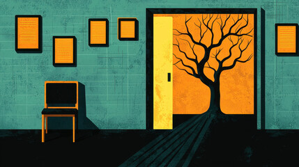 Wall Mural - A vibrant illustration of a room featuring a door opening to a stylized tree, with a chair placed nearby and framed pictures on the walls.