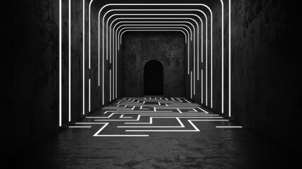 Wall Mural - A dark corridor illuminated by glowing white lines, leading to an archway, creates a mysterious and modern atmosphere.