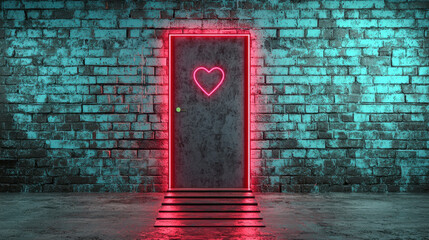 Wall Mural - A neon-lit door with a heart design stands against a textured brick wall, creating a vibrant and inviting atmosphere.