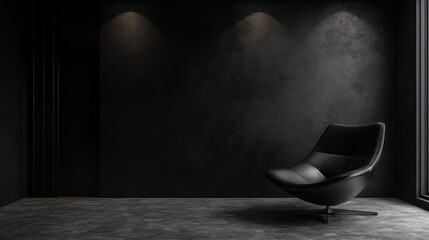 Wall Mural - A sleek black chair in a dimly lit, minimalist room with a textured black wall, creating a modern and sophisticated atmosphere.