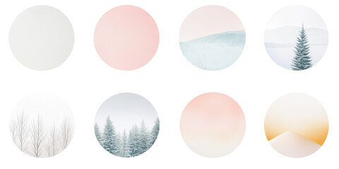 Wall Mural - Minimalistic winter weather infographic with icons. Set of circular shapes and textures for design layouts, cut and isolated on transparent PNG background. Pastel gradients, snow, Christmas tree.