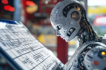 Poster - Futuristic robot analyzes digital data in a technology hub during the evening hours