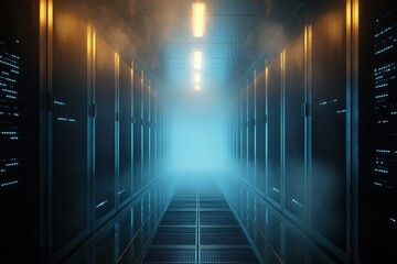Poster - Lighted corridor in a data center with server racks and a foggy atmosphere at night
