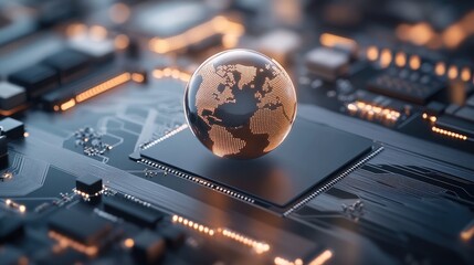 Poster - A close-up view features a world globe set on a computer motherboard, emphasizing the blend of technology and global connectivity in high detail