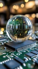 Poster - A close-up view features a world globe set on a computer motherboard, emphasizing the blend of technology and global connectivity in high detail