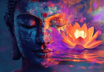 Wall Mural - Buddha with a lotus flower, a colorful background