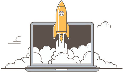 Poster - Rocket launching from laptop, symbolizing innovation and technology, clouds in background, modern design, vector illustration, isolated, flat