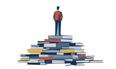 Poster - Person standing on stack of books, symbolizing knowledge and achievement. Individual in red sweater atop colorful books, blue background., vector illustration, isolated, flat