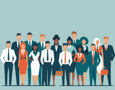 Business team. Vector illustration in simple flat style of diverse cartoon young men and women in office outfits. Isolated on background