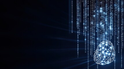 Poster - illustration showcases a glowing brain constructed from digital connections, set on a dark blue background filled with binary code