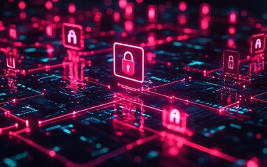 Poster - Cybersecurity digital network design, fast data transfer with vibrant neon connections, abstract glowing symbols, encrypted technology, futuristic glowing icons on a dark backdrop