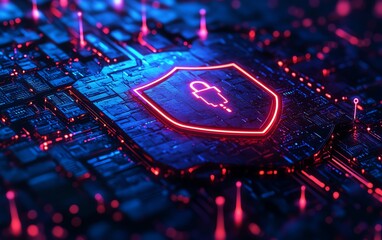 Poster - Cybersecurity digital network design, fast data transfer with vibrant neon connections, abstract glowing symbols, encrypted technology, futuristic glowing icons on a dark backdrop