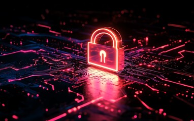 Poster - Cybersecurity digital network design, fast data transfer with vibrant neon connections, abstract glowing symbols, encrypted technology, futuristic glowing icons on a dark backdrop