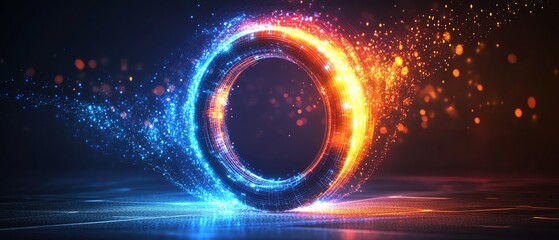 Poster - Digital circle glowing with neon blue and orange lights, representing technology and innovation, sleek futuristic design, modern glowing aura, hightech vibe