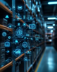 Poster - Digital icons showcasing modern technology in a warehouse, representing innovation in logistics and inventory management, glowing data, automation systems, hightech industrial vibe