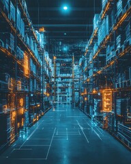 Poster - Digital icons showcasing modern technology in a warehouse, representing innovation in logistics and inventory management, glowing data, automation systems, hightech industrial vibe