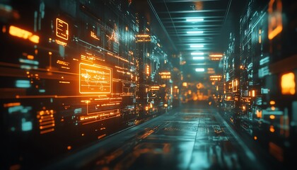 Poster - Digital technology icons in a warehouse, representing innovation in logistics and inventory management, glowing data, automated processes, modern hightech design
