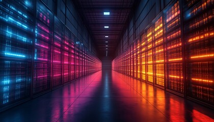 Poster - Digital technology icons in a warehouse, representing innovation in logistics and inventory management, glowing data, automated processes, modern hightech design