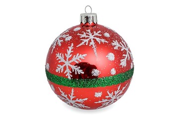 Wall Mural - Red Christmas ball ornament with snowflakes and green ribbon.