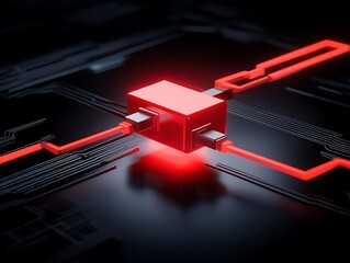 Poster - Red glowing cube on a dark circuit board.
