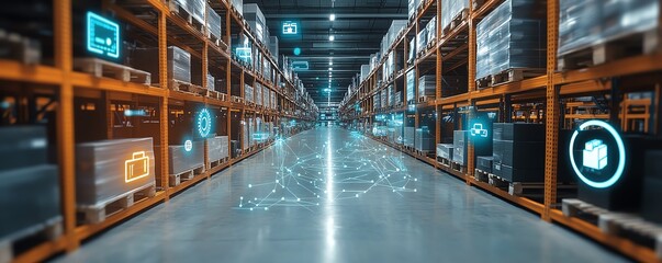 Poster - Futuristic digital icons in a warehouse environment, symbolizing logistics innovation and inventory management, glowing data flows, hightech automated systems, modern design
