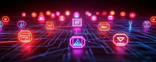 Poster - Futuristic network connections with glowing neon icons representing data exchange and analysis
