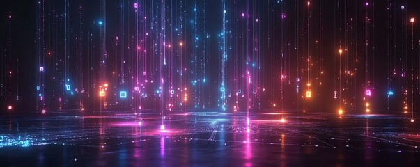 Poster - Futuristic network connections with glowing neon icons representing data exchange and analysis