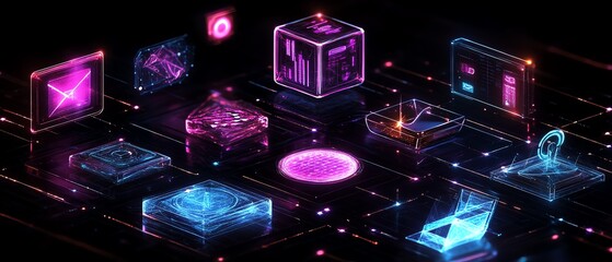 Poster - Futuristic network design with glowing data exchange icons, data analysis symbols, neon connections, highspeed transfer in a digital environment, sleek modern aesthetic