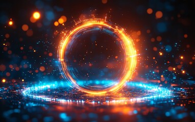Poster - Glowing digital circle with vibrant blue and orange lights, symbolizing the fusion of technology and innovation, sleek modern futuristic energy, dynamic glowing effect