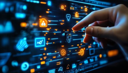 Poster - Hightech futuristic network design, glowing data streams, cybersecurity symbols and vibrant connections, dynamic data transfer, digital technology flow on a modern interface