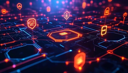 Poster - Hightech futuristic network design, glowing data streams, cybersecurity symbols and vibrant connections, dynamic data transfer, digital technology flow on a modern interface