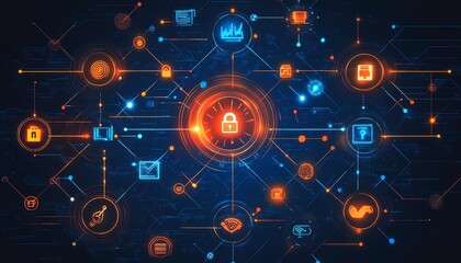 Poster - Hightech futuristic network design, glowing data streams, cybersecurity symbols and vibrant connections, dynamic data transfer, digital technology flow on a modern interface