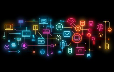 Poster - Neon glowing futuristic digital network with icons representing data exchange, analysis, and secure communication, hightech environment with sleek connections and vibrant colors