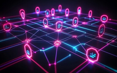 Poster - Neon glowing futuristic digital network with icons representing data exchange, analysis, and secure communication, hightech environment with sleek connections and vibrant colors