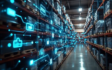 Poster - Modern technology digital icons in a warehouse environment, symbolizing innovation in logistics and inventory management, glowing connections, automated systems, hightech design