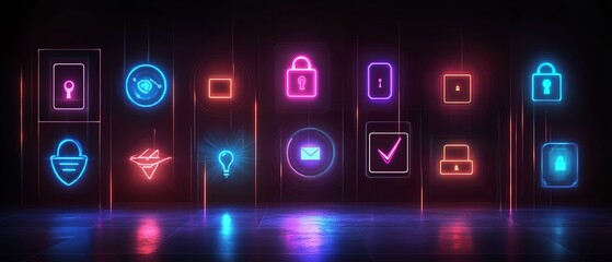 Poster - Neonlit futuristic digital network, data transfer flowing through vibrant connections, hightech symbols representing cybersecurity, glowing encryption icons, sleek tech design
