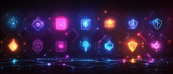 Poster - Neonlit futuristic digital network, data transfer flowing through vibrant connections, hightech symbols representing cybersecurity, glowing encryption icons, sleek tech design