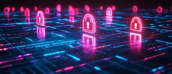 Poster - Neonlit futuristic digital network, data transfer flowing through vibrant connections, hightech symbols representing cybersecurity, glowing encryption icons, sleek tech design